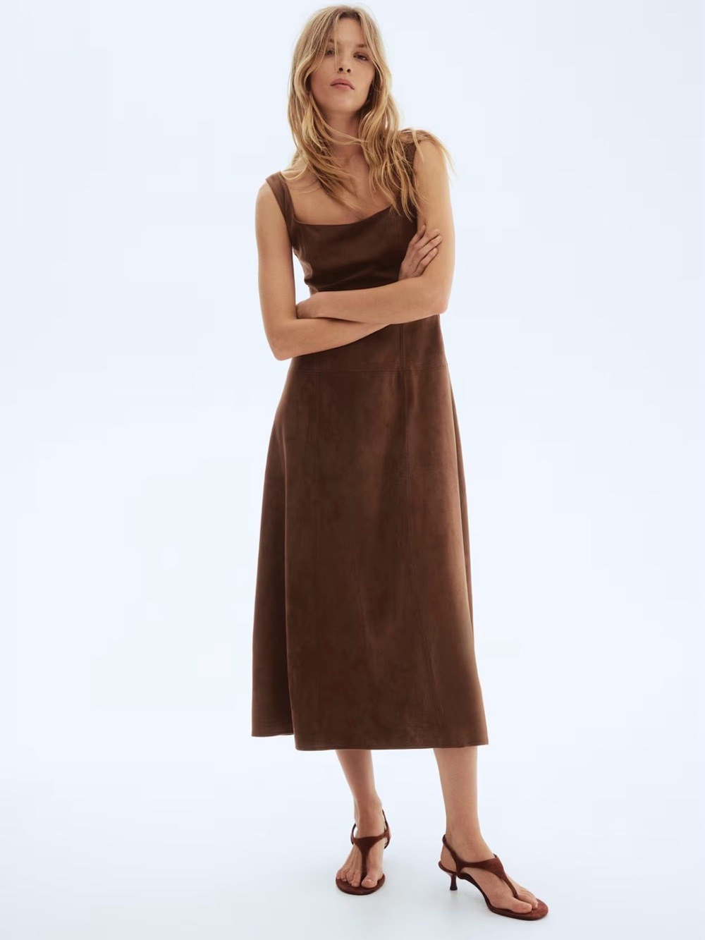 H&M Brown Midi Slip Dress with Square Neck